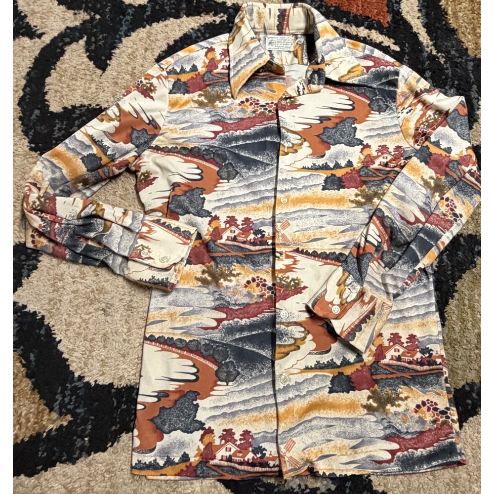 Vintage Kmart Permanent Press Landscape Print Shirt Mens Medium 70s Polyester